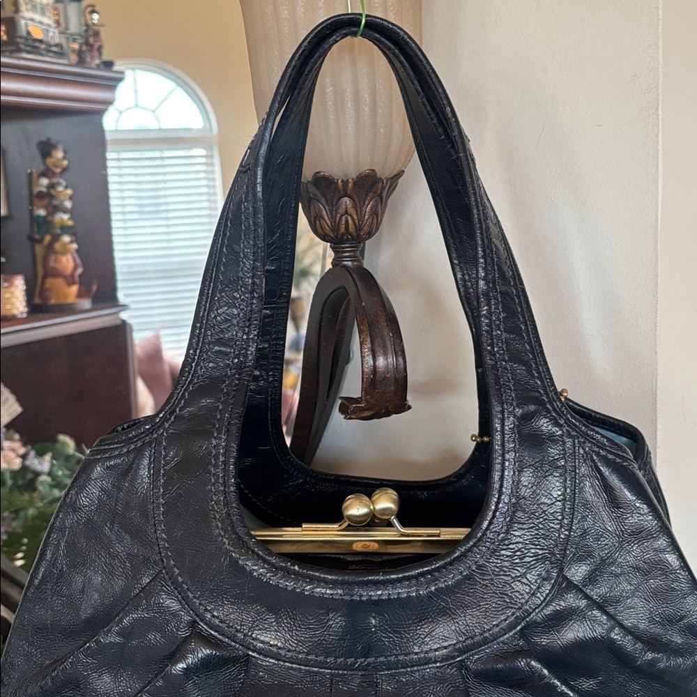 Coach Ergo Black Pantent Leather Pleated Frame Kisslock Satchel Shoulder Bag Y2K - Picture 9 of 16